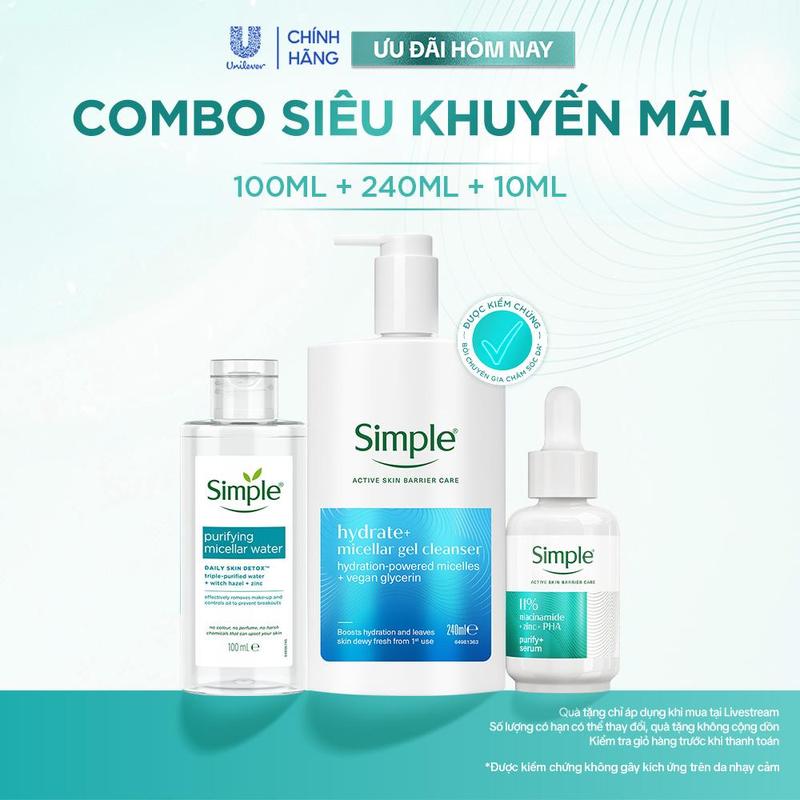 [1] Combo 3 Skincare Simple Sữa rửa mặt Simple Hydrate+ 240ml Giúp Da Trông Căng Mướt + Nước tẩy trang 100ml + Serum Kiềm Dầu Giảm Mụn 10ml