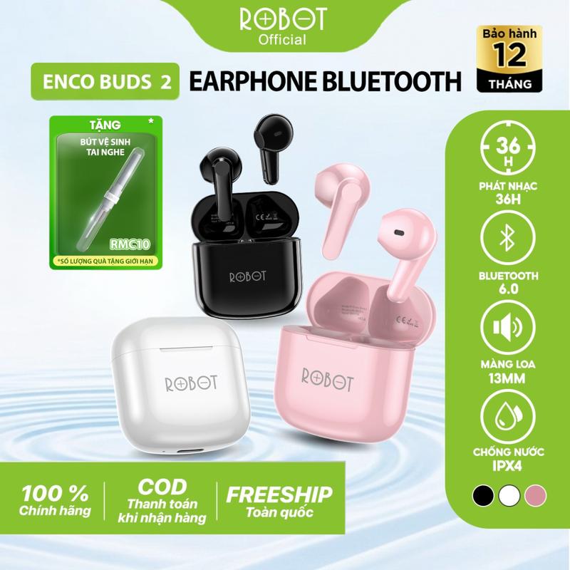 Tai Nghe Bluetooth 6.0 ROBOT Enco Buds 2 In Ear Playtime 35H, Có Khả Năng Chống Nước IPX4 Màng Loa Lớn | Bảo Hành 12 Tháng