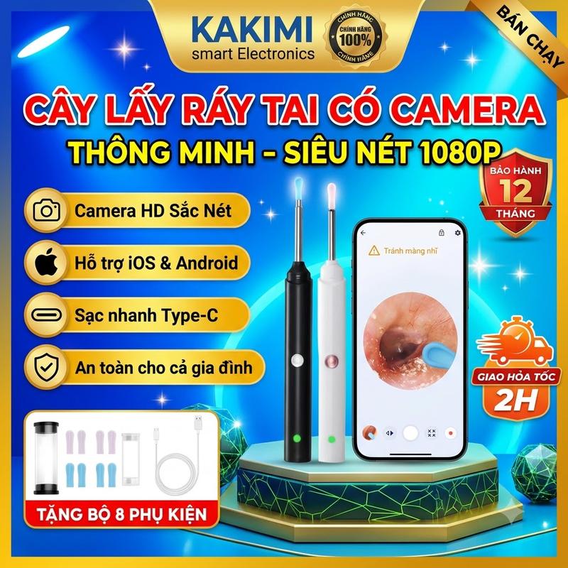 KAKIMI Dụng Cụ Lấy Ráy Tai Thông Minh Có Camera HD 1296P Kết Nối WiFi Quan Sát Tai Loại Bỏ Ráy Tai Đèn LED 6 Trục Không Dây Tai Soi Otoscope Sạc Type-C Chuẩn Chống Nước IPX5 Kèm 6 Đầu Silicone Tương Thích iPhone Android & iPad