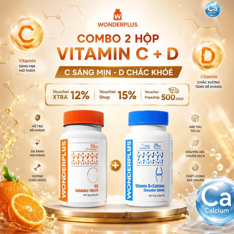 [COMBO vitamin C D & Canxi] Viên Nhai Bổ Sung Vitamin Wonderplus (60 viên/hộp) - Giúp Làn Da Rạng Rỡ - Tăng Cường Đề Kháng - Giúp Xương Chăc Khỏe