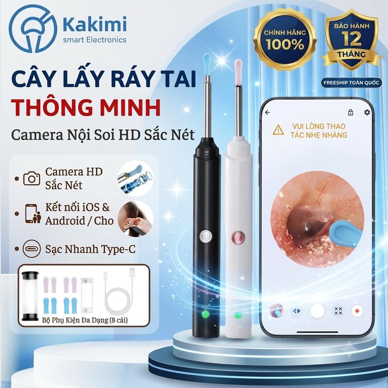 KAKIMI Bộ Lấy Ráy Tai Thông Minh WiFi Có Camera HD, Kèm Đầu Thay Thế Silicon Và Hộp Đựng, Dụng Cụ Chăm Sóc Tai Tại Nhà