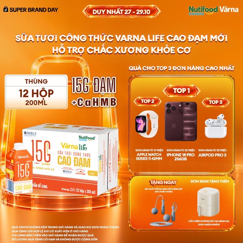[KOL - VOUCHER SỐC] - Thùng 12 hộp Thực phẩm bổ sung Värna Life sữa tươi công thức Cao Đạm hỗ trợ chắc xương khỏe cơ (12 hộp giấy x 200ml)
