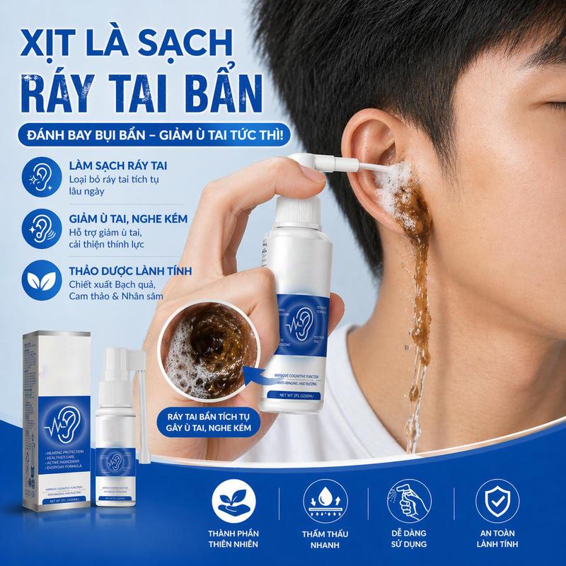 【Xịt & Nhỏ Tai Làm Sạch Ráy Tai 60ml】 công thức thảo dược lành tính, làm sạch sâu mà không kích ứng, giảm đau tai, ù tai, thông thoáng lỗ tai ngay sau khi dùng, an toàn cho bé và người lớn – dùng hàng ngày tiện lợi.