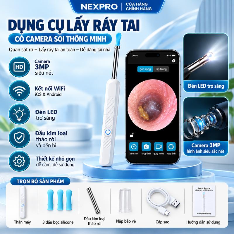 Dụng Cụ Lấy Ráy Tai Có Camera Soi Thông Minh Đầu Kim Loại Pro Cho Điện Thoại IOS Android